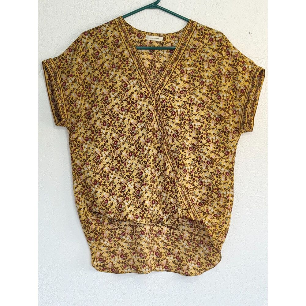 Max Studio Floral Wrap Blouse Mustard Boho Lightweight Top No Size Tag